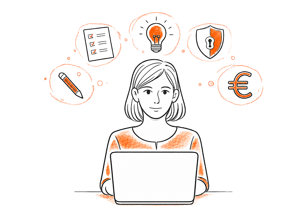 Donna al laptop con icone di checklist, idea, sicurezza e euro, simbolo della consulenza del lavoro.