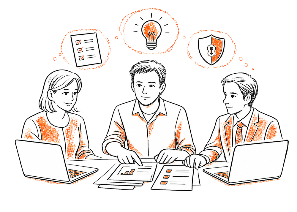 Tre professionisti di Studio Sette discutono documenti e idee, simboleggiando consulenza mirata e soluzioni efficienti.