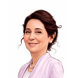 Anneliese Strapazzon, Arbeitsberaterin von Studio Sette, lächelt in einem lila Kostüm mit Perlen.